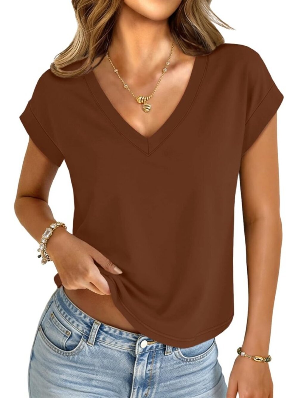 Women's Brown V Neck Cap Sleeve Summer Basic Loose Fit Pull On Crop Tops